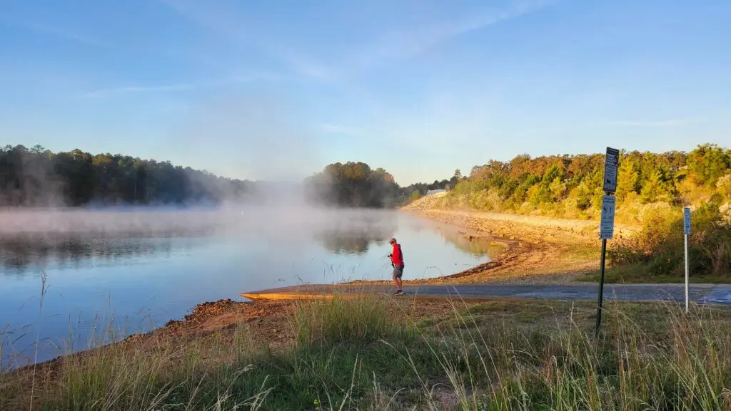 Winter sunshine over Lake Thurmond with calm water and a quiet shoreline