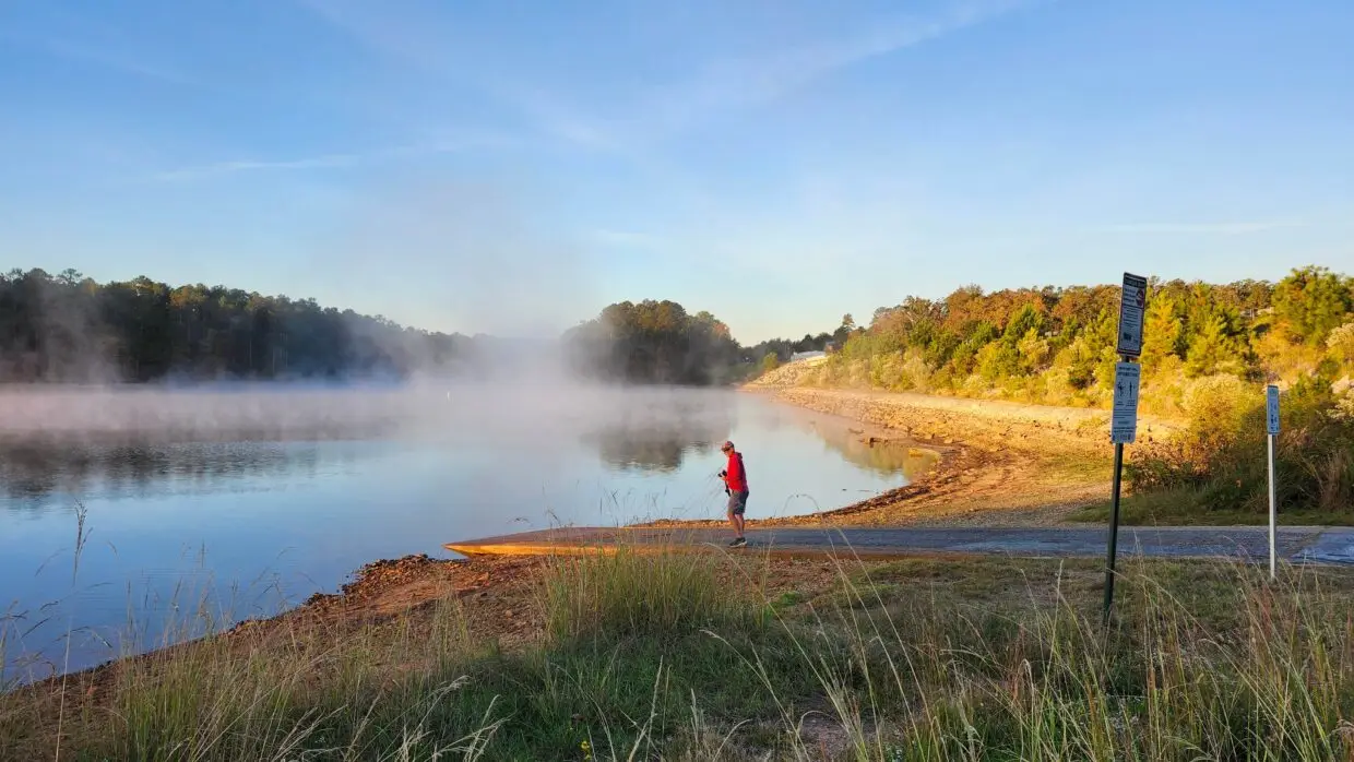 Winter sunshine over Lake Thurmond with calm water and a quiet shoreline